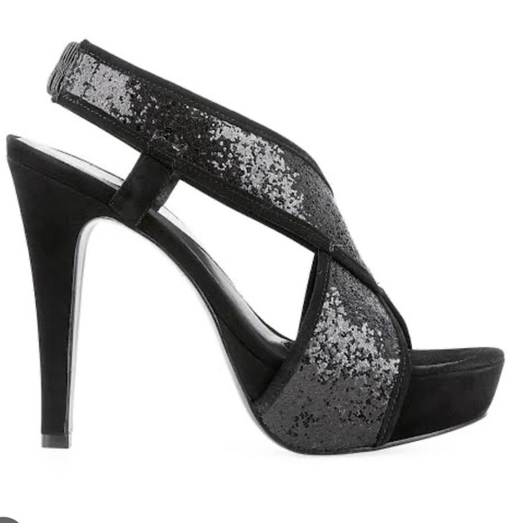 Authentic DIANE VON FURSTENBERG BLACK GLITTER AND SUEDE IRINA 5” HEELS SIZE 6.5M - Picture 3 of 14